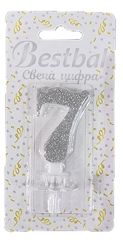 Свеча цифра "7" глиттер серебро Silver